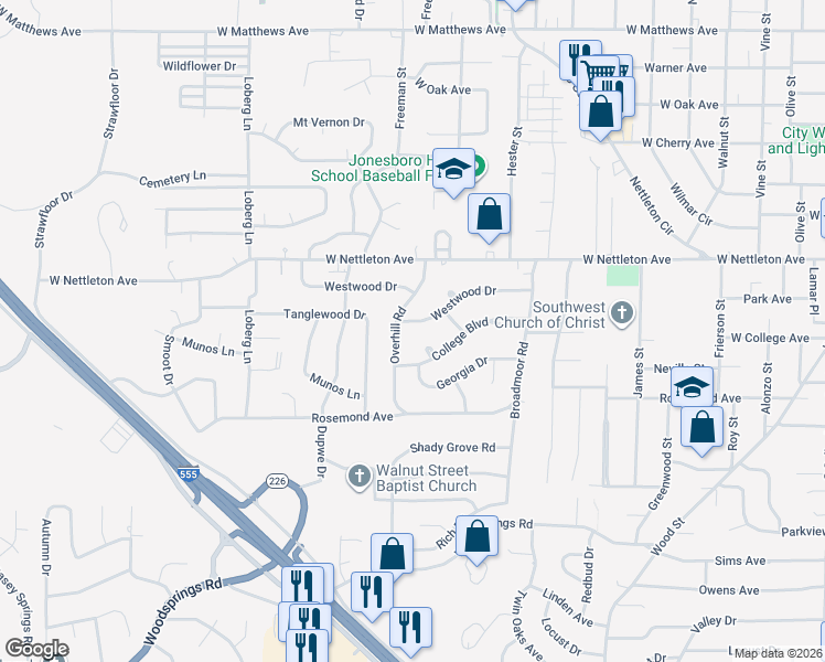 map of restaurants, bars, coffee shops, grocery stores, and more near 1814 College Cove in Jonesboro