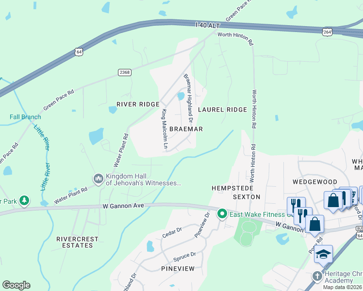 map of restaurants, bars, coffee shops, grocery stores, and more near 1249 Braemar Highland Drive in Zebulon