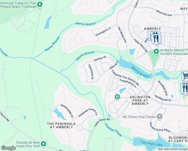 map of restaurants, bars, coffee shops, grocery stores, and more near 610 Aylestone Drive in Cary