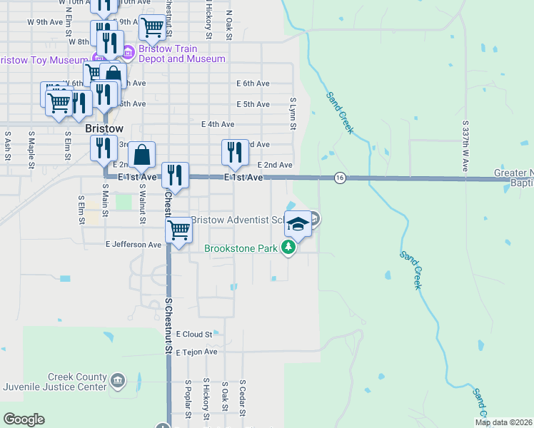 map of restaurants, bars, coffee shops, grocery stores, and more near 625 South Cedar Street in Bristow