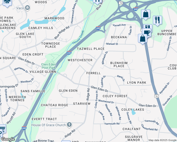 map of restaurants, bars, coffee shops, grocery stores, and more near 2501 Ridge Road in Raleigh