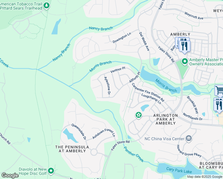 map of restaurants, bars, coffee shops, grocery stores, and more near 610 Aylestone Drive in Cary