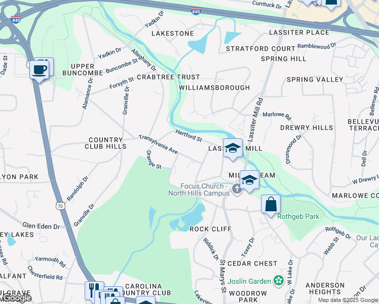 map of restaurants, bars, coffee shops, grocery stores, and more near 611 Transylvania Avenue in Raleigh