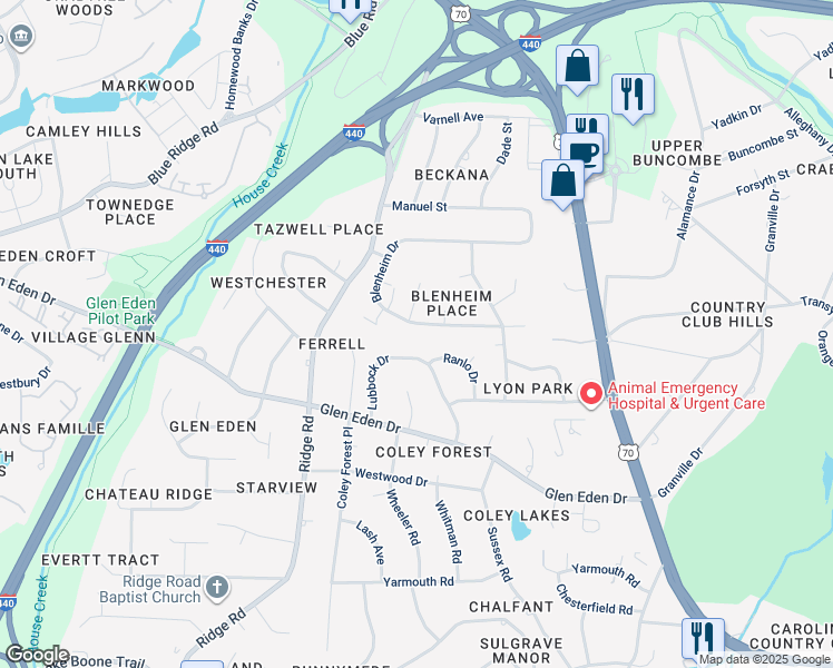 map of restaurants, bars, coffee shops, grocery stores, and more near 809 Blenheim Drive in Raleigh