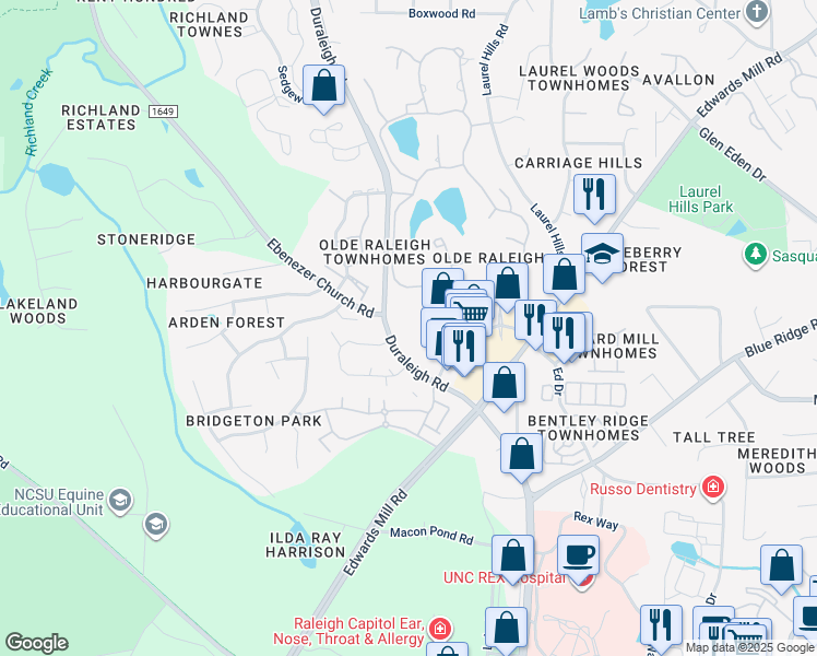 map of restaurants, bars, coffee shops, grocery stores, and more near 3113 Charles B Root Wynd in Raleigh