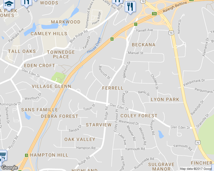 map of restaurants, bars, coffee shops, grocery stores, and more near 2501 Ridge Road in Raleigh
