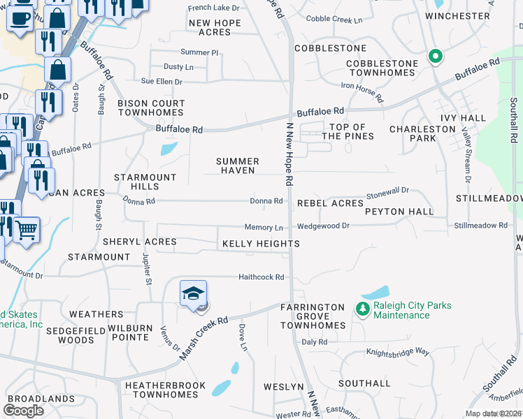 map of restaurants, bars, coffee shops, grocery stores, and more near 3921 Memory Lane in Raleigh