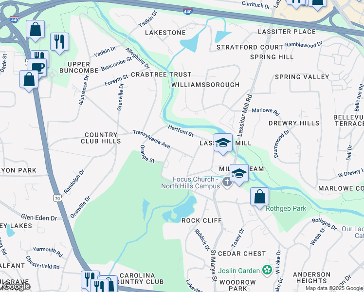 map of restaurants, bars, coffee shops, grocery stores, and more near 611 Transylvania Avenue in Raleigh
