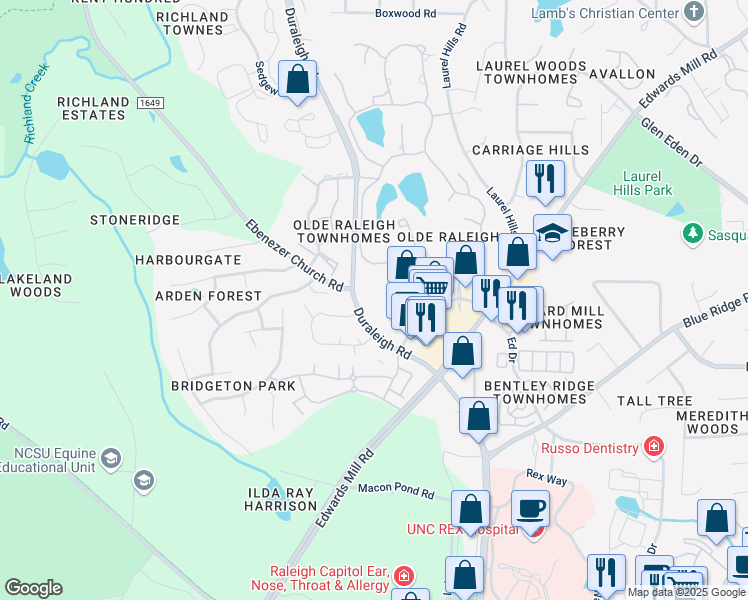 map of restaurants, bars, coffee shops, grocery stores, and more near 3109 Charles B Root Wynd in Raleigh