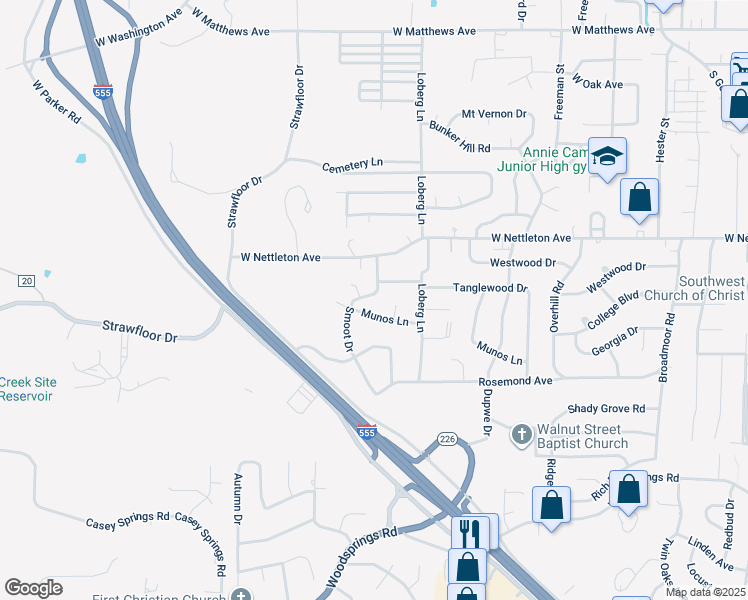 map of restaurants, bars, coffee shops, grocery stores, and more near 2112 Munos Lane in Jonesboro