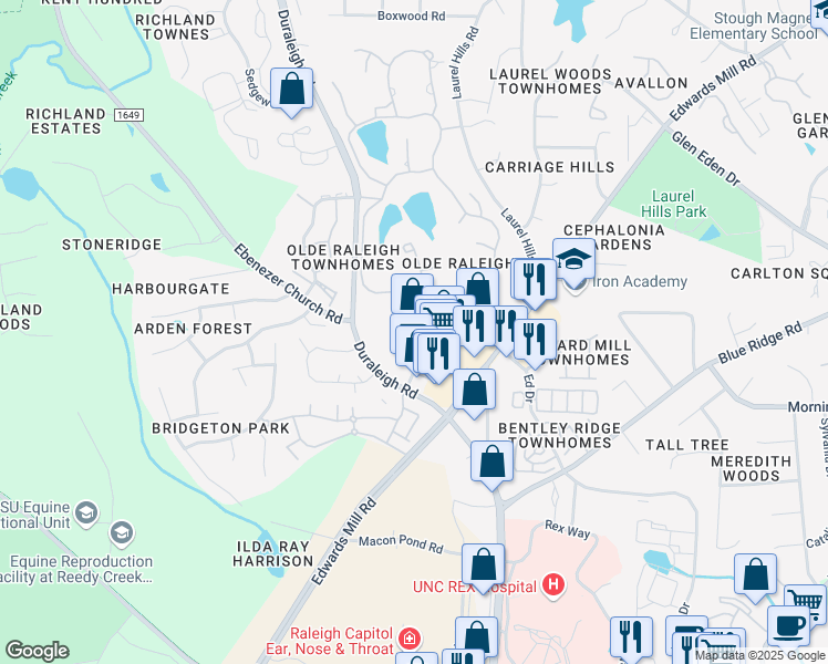 map of restaurants, bars, coffee shops, grocery stores, and more near 3214 Charles B Root Wynd in Raleigh