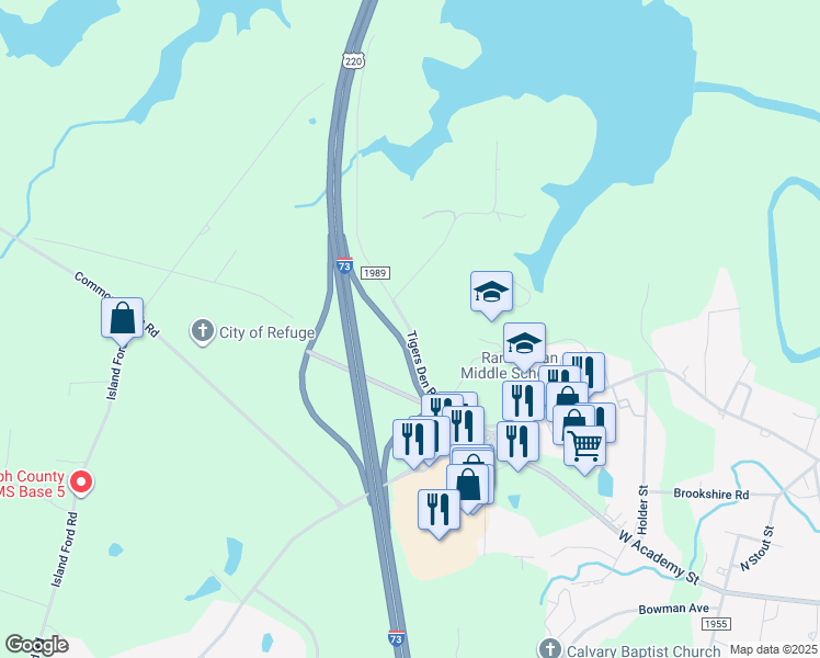 map of restaurants, bars, coffee shops, grocery stores, and more near 4958 Tigers Den Road in Randleman