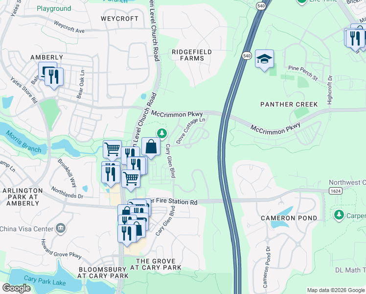 map of restaurants, bars, coffee shops, grocery stores, and more near 412 Hofman Court in Cary