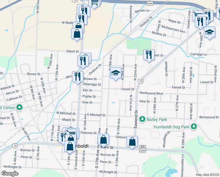 map of restaurants, bars, coffee shops, grocery stores, and more near 1811 Ferrell Street in Humboldt