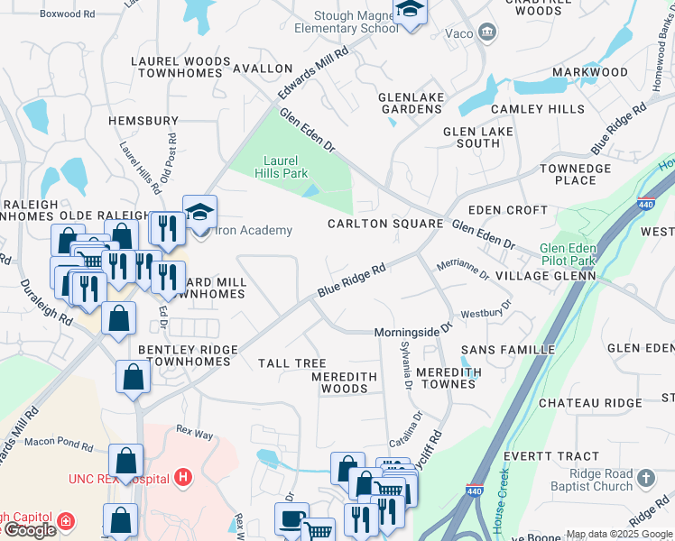 map of restaurants, bars, coffee shops, grocery stores, and more near 3435 Blue Ridge Road in Raleigh