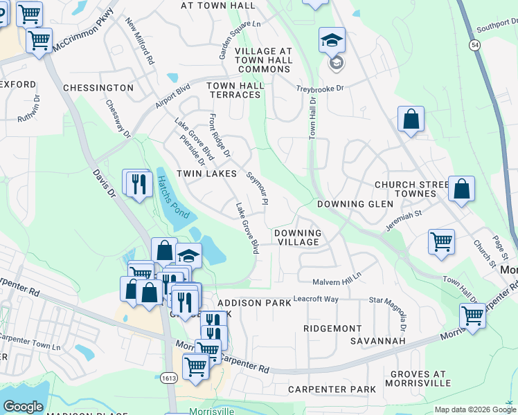 map of restaurants, bars, coffee shops, grocery stores, and more near 301 Seymour Place in Cary