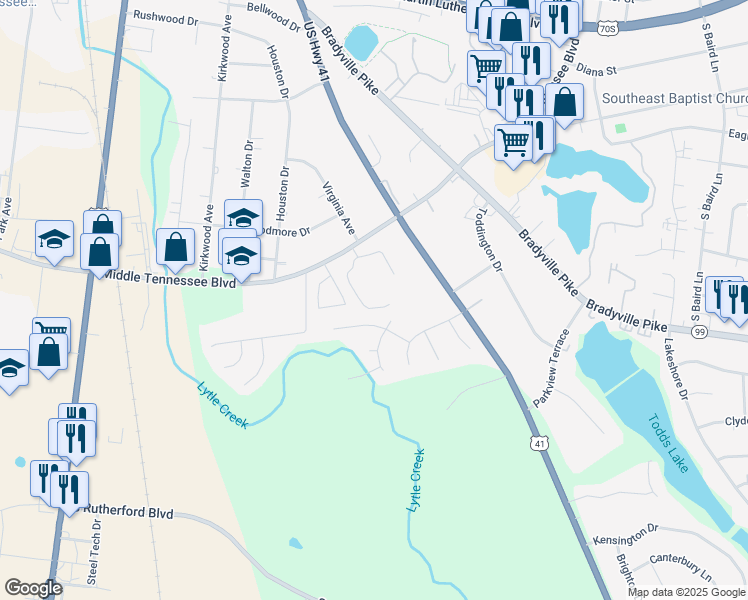map of restaurants, bars, coffee shops, grocery stores, and more near 701 Saratoga Drive in Murfreesboro