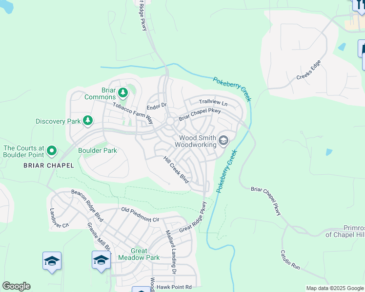 map of restaurants, bars, coffee shops, grocery stores, and more near 23 Fallenwood Lane in Chapel Hill