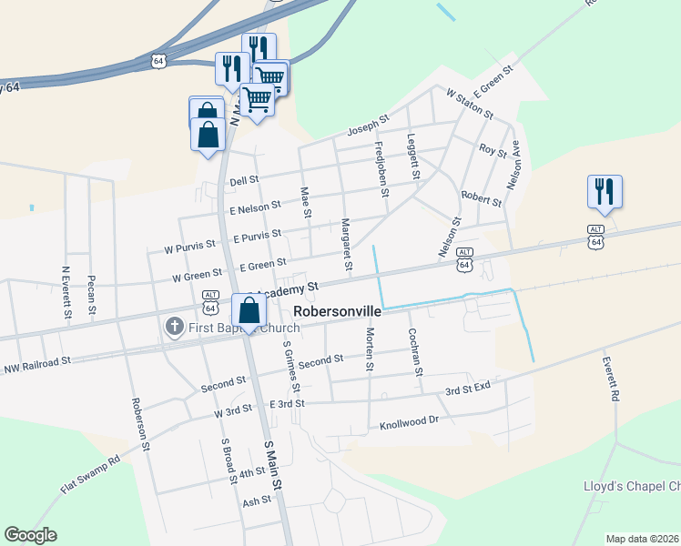 map of restaurants, bars, coffee shops, grocery stores, and more near 309 East Academy Street in Robersonville