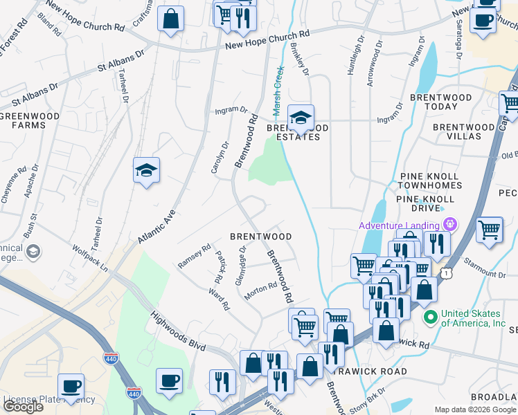 map of restaurants, bars, coffee shops, grocery stores, and more near 3310 Brentwood Road in Raleigh