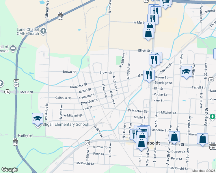map of restaurants, bars, coffee shops, grocery stores, and more near 810 Calhoun Street in Humboldt