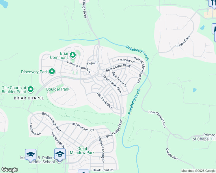 map of restaurants, bars, coffee shops, grocery stores, and more near 23 Fallenwood Lane in Chapel Hill