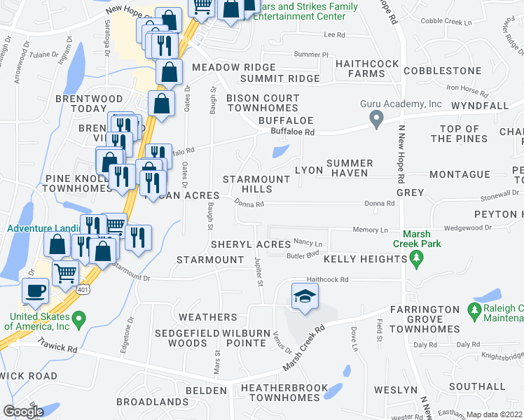 map of restaurants, bars, coffee shops, grocery stores, and more near 3400 Gemini Drive in Raleigh