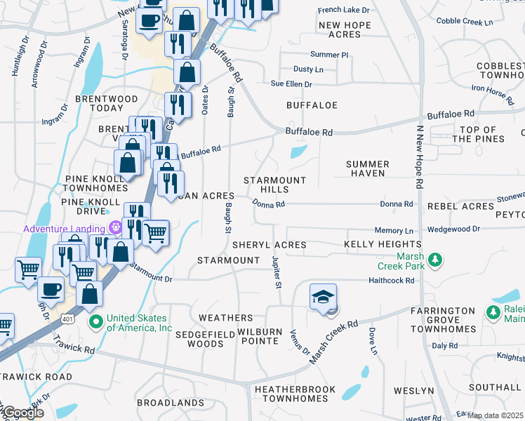 map of restaurants, bars, coffee shops, grocery stores, and more near 3504 Donna Road in Raleigh