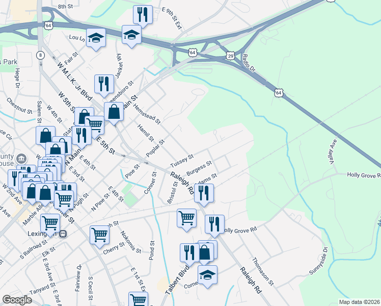 map of restaurants, bars, coffee shops, grocery stores, and more near 519 Tussey Street in Lexington