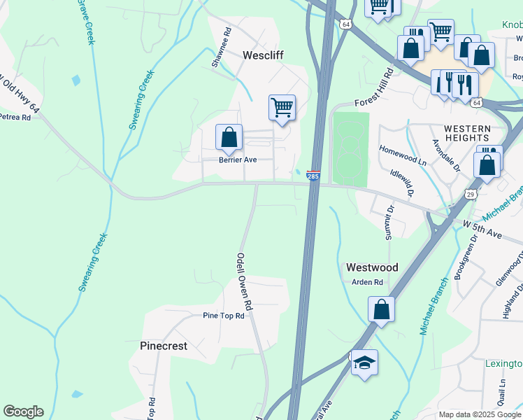 map of restaurants, bars, coffee shops, grocery stores, and more near Odell Owen Road in Lexington