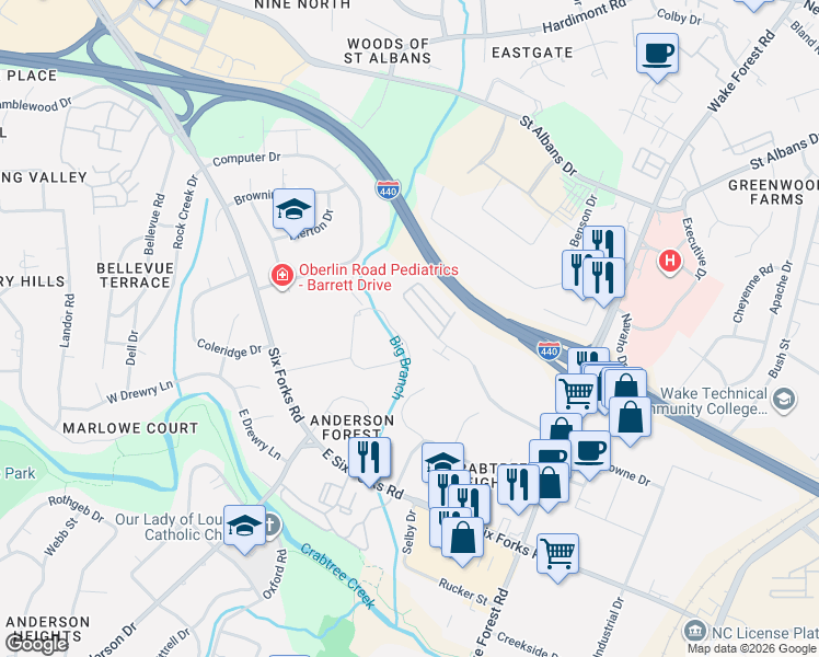 map of restaurants, bars, coffee shops, grocery stores, and more near 3348 Cheswick Drive in Raleigh