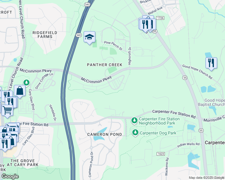 map of restaurants, bars, coffee shops, grocery stores, and more near 730 Channing Park Circle in Cary