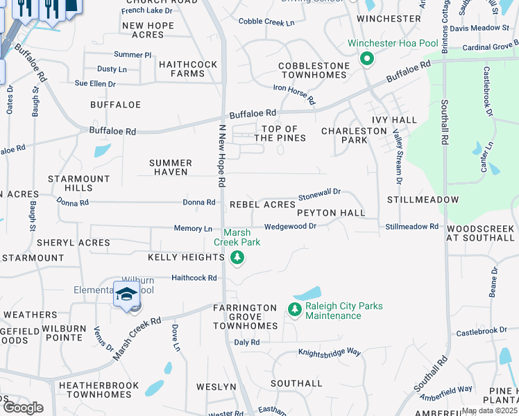 map of restaurants, bars, coffee shops, grocery stores, and more near 4110 Stonewall Drive in Raleigh