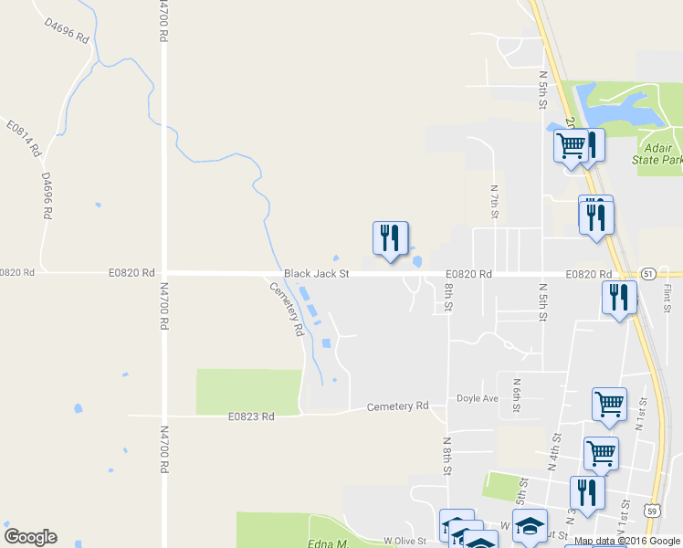 map of restaurants, bars, coffee shops, grocery stores, and more near Black Jack Street in Stilwell