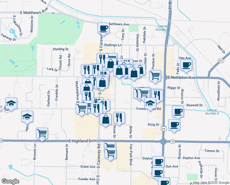map of restaurants, bars, coffee shops, grocery stores, and more near 1400 Stone Street in Jonesboro