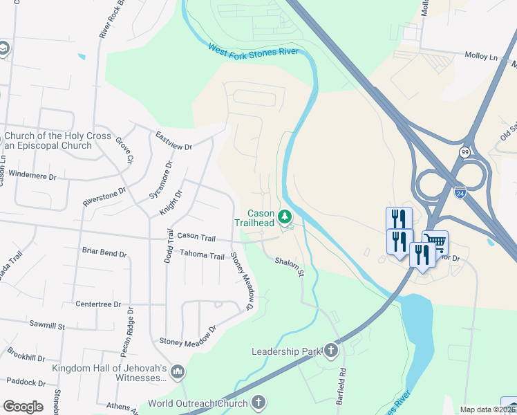 map of restaurants, bars, coffee shops, grocery stores, and more near 1100 Cason Trail in Murfreesboro