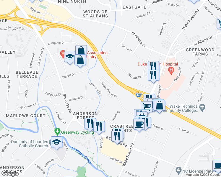 map of restaurants, bars, coffee shops, grocery stores, and more near Rushworth Drive in Raleigh