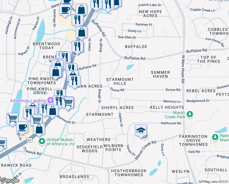 map of restaurants, bars, coffee shops, grocery stores, and more near 3504 Donna Road in Raleigh