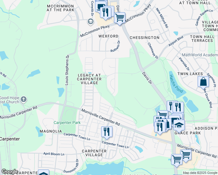 map of restaurants, bars, coffee shops, grocery stores, and more near 725 Midori Circle in Cary