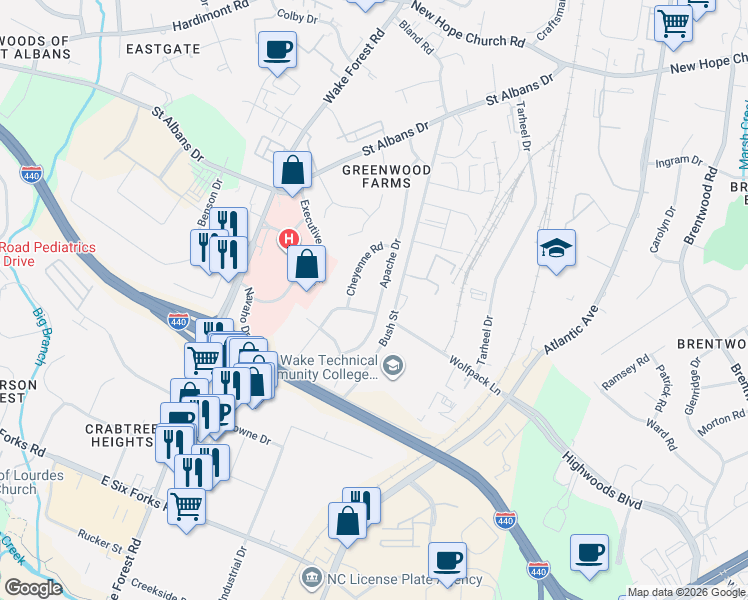 map of restaurants, bars, coffee shops, grocery stores, and more near 3408 Pinecrest Drive in Raleigh