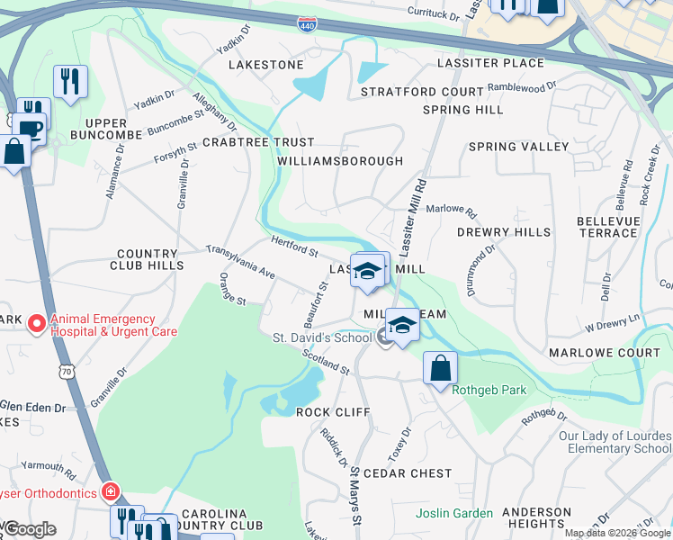 map of restaurants, bars, coffee shops, grocery stores, and more near 3204 Beaufort Street in Raleigh