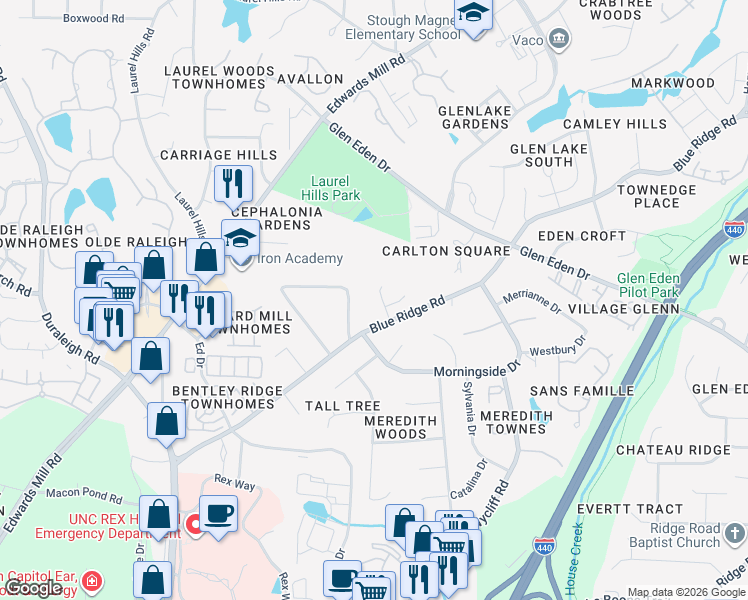 map of restaurants, bars, coffee shops, grocery stores, and more near in Raleigh