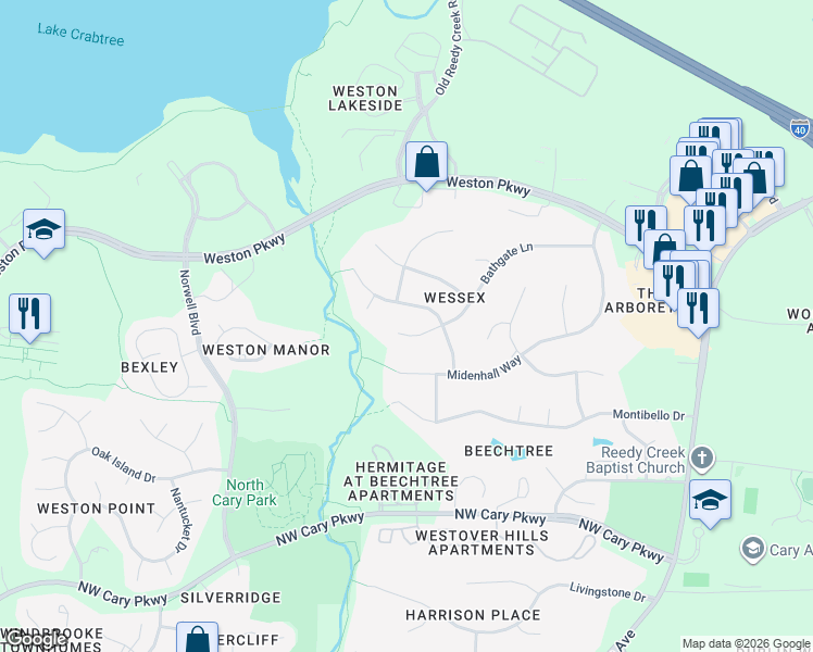 map of restaurants, bars, coffee shops, grocery stores, and more near 405 Bathgate Lane in Cary