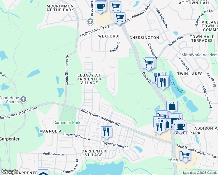 map of restaurants, bars, coffee shops, grocery stores, and more near 725 Midori Circle in Cary