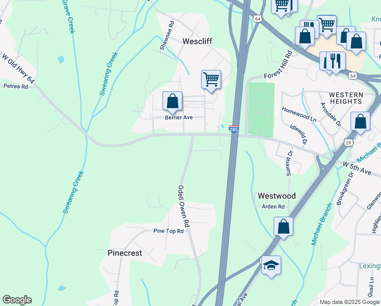 map of restaurants, bars, coffee shops, grocery stores, and more near 5 Odell Owen Road in Lexington