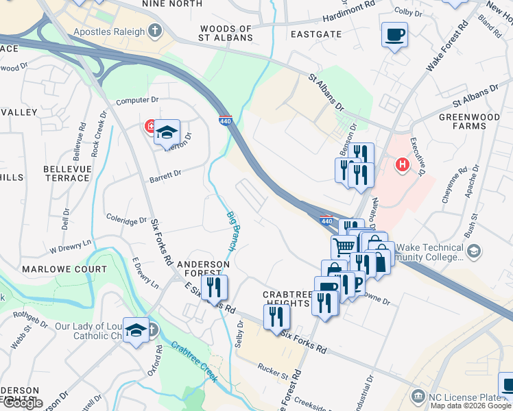 map of restaurants, bars, coffee shops, grocery stores, and more near 887 Wake Towne Drive in Raleigh