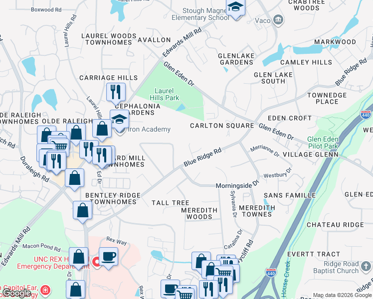 map of restaurants, bars, coffee shops, grocery stores, and more near in Raleigh