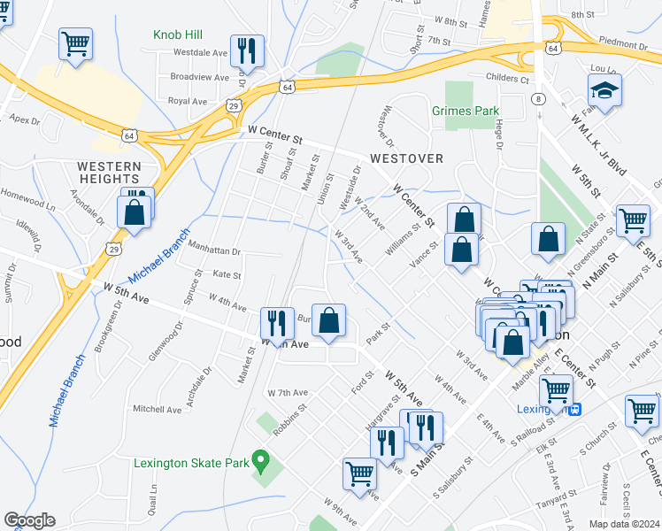 map of restaurants, bars, coffee shops, grocery stores, and more near 401 Westside Drive in Lexington