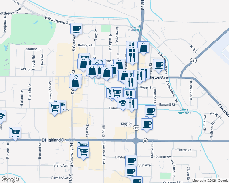 map of restaurants, bars, coffee shops, grocery stores, and more near 2725 East Nettleton Avenue in Jonesboro