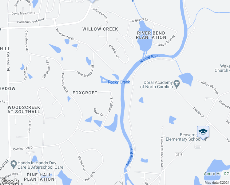 map of restaurants, bars, coffee shops, grocery stores, and more near 5401 Edington Lane in Raleigh